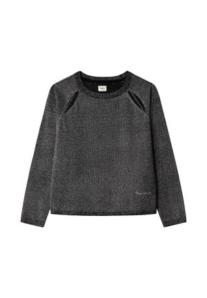 Maglione a maniche lunghe nero e argento glitterato con scollo rotondo, caratterizzato da cuciture raglan e un piccolo logo nella parte inferiore anteriore.