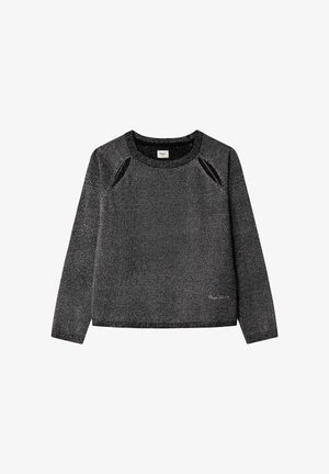 Schwarzer und silberner glitzernder Pullover mit langen Ärmeln und rundem Ausschnitt, mit Raglannähten und einem kleinen Logo an der unteren Vorderseite.