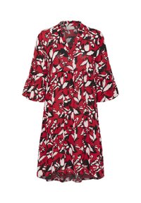 Robe rouge avec un motif floral agrémenté de accents noirs et blancs, un décolleté en V et des manches évasées, fabriquée en tissu léger.
