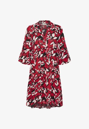 Rød kjole med et blomsterprint og sort-hvide detaljer, v-hals og klokkeærmer, lavet af letvægtsmateriale.