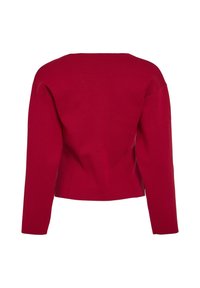 Suéter corto rojo con forma cuadrada, mangas largas y un escote amplio. Fabricado en un tejido suave y texturizado. Sin cierres visibles.