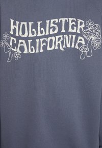 Blå sweatshirt med "HOLLISTER CALIFORNIA" i fet, sliten vit text, tillsammans med vita grafik av svamp och blommor. Mjuk textur.