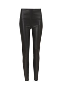 Leggings neri in finta pelle a vita alta con una finitura liscia e lucida e una silhouette aderente, che si restringe alla caviglia. Nessuna cucitura visibile.