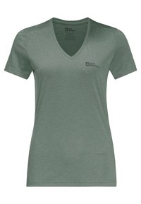 Vihreä lyhythihainen V-kauluksinen T-paita, valmistettu pehmeästä kankaasta. Vasemmassa rinnassa pieni Jack Wolfskin -logo.