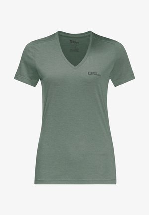 Green short-sleeve V-neck T-shirt made from soft fabric. Features a small Jack Wolfskin logo on the left chest area.