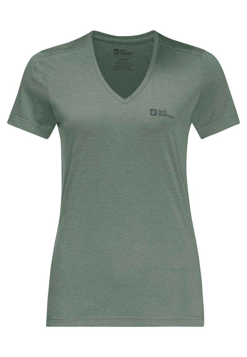 Vihreä lyhythihainen V-kauluksinen T-paita, valmistettu pehmeästä kankaasta. Vasemmassa rinnassa pieni Jack Wolfskin -logo.