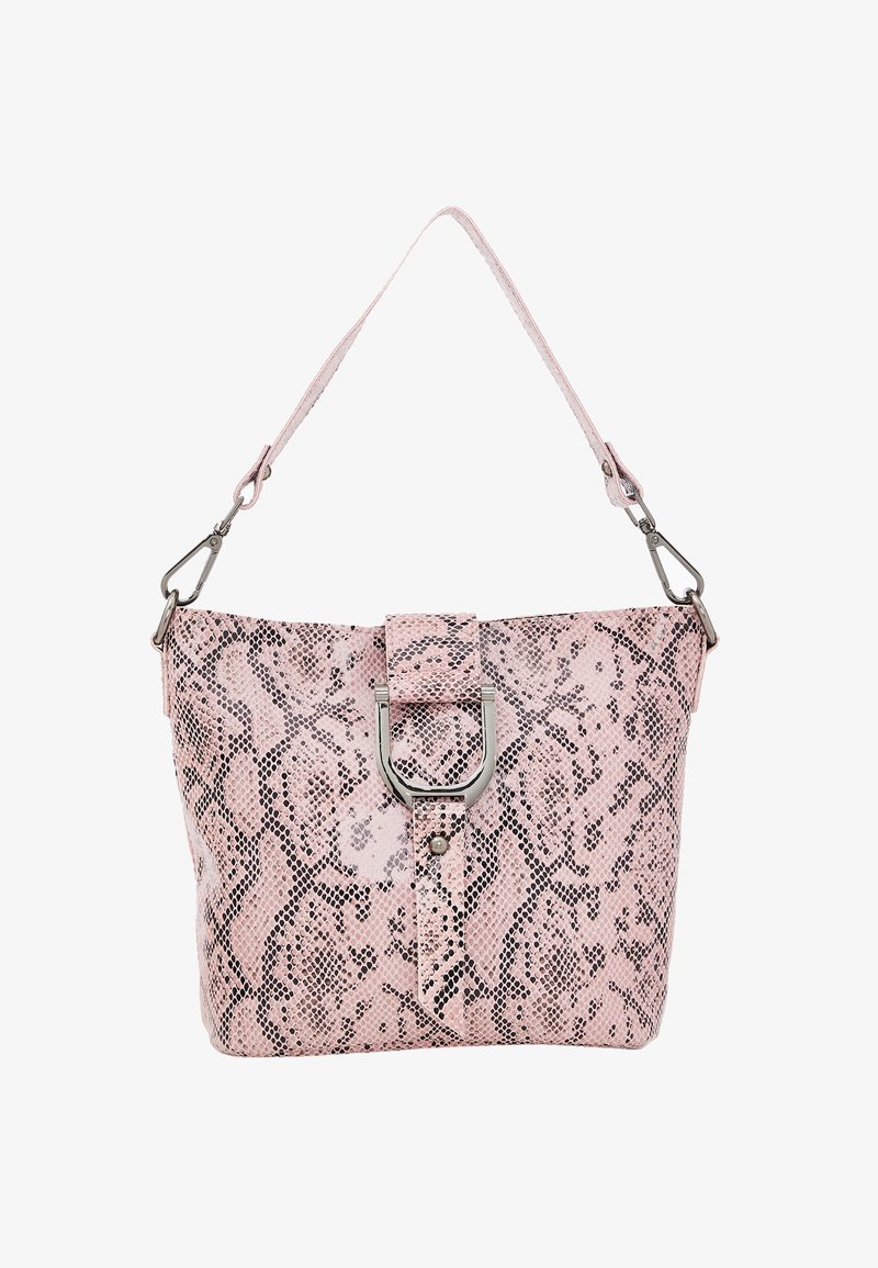 Borsa a tracolla con stampa pitonata rosa, caratterizzata da una texture liscia, chiusura con fibbia metallica e tracolla regolabile.