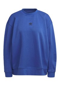 Felpa blu realizzata in morbido materiale, con scollo rotondo, spalle scese, polsini a costine e logo Adidas nero sul petto.