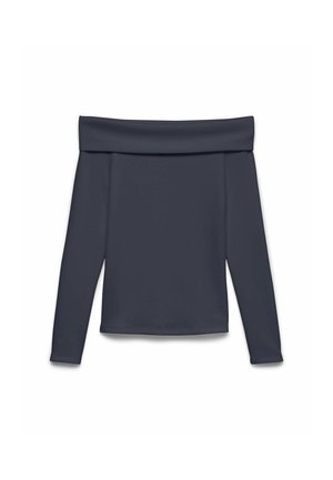 Haut bleu marine foncé à manches longues, à épaules dénudées, avec un col large plié, présenté à plat sur un fond blanc.