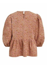 Robe rose à manches longues avec un petit motif floral orange et jaune, taille froncée et fermeture par boutons à l'arrière de l'encolure.