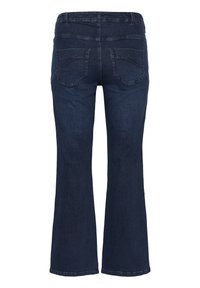 Mørkeblå vide jeans, lavet af denimstof, med to baglommer med buede sømme og et klassisk taljebåndsdesign.