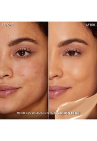 Before and after images of a face, showing skin texture improvement with foundation in shade Golden Beige. Smooth, even skin tone in after image.