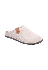 Pantofole in lana con una parte superiore morbida di un grigio chiaro e suola grigia scura. Presentano un accento in pelle beige con etichetta del logo. Design con il retro aperto.