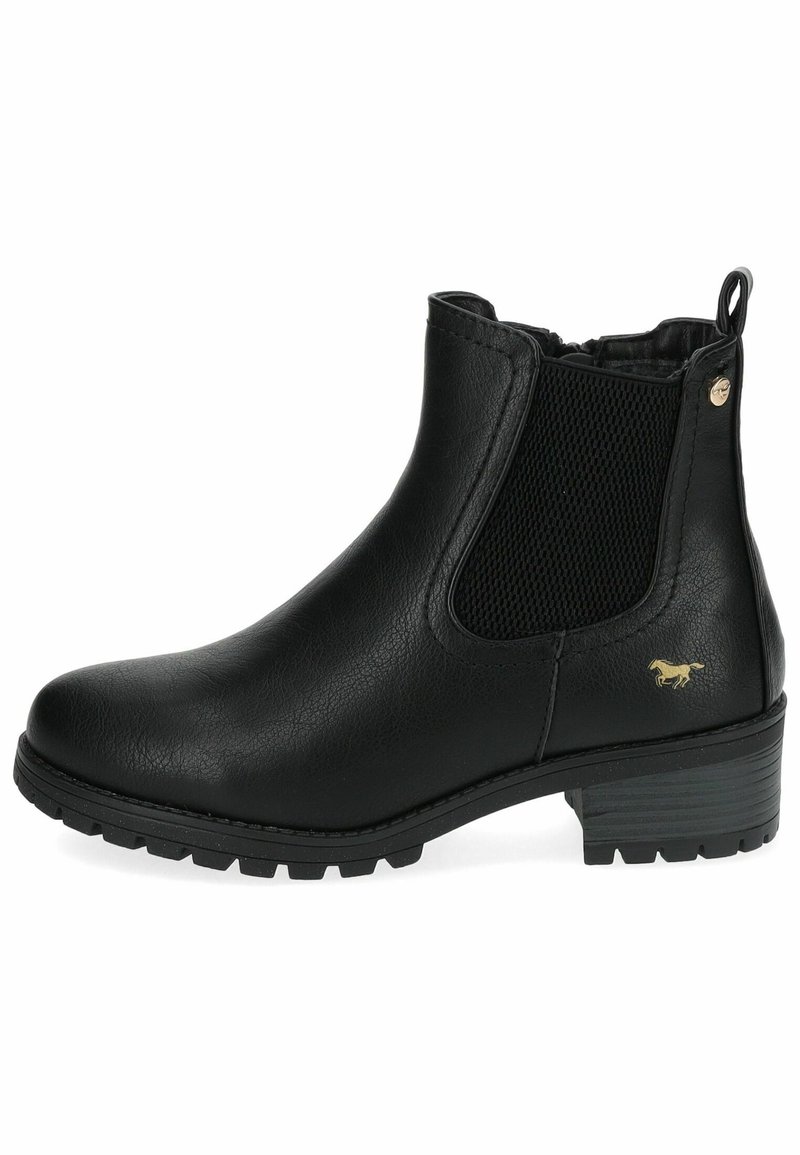 Botte de cheville en cuir noir avec des panneaux latéraux élastiques, surface texturée et un petit talon carré. Présente un petit logo doré sur le côté.