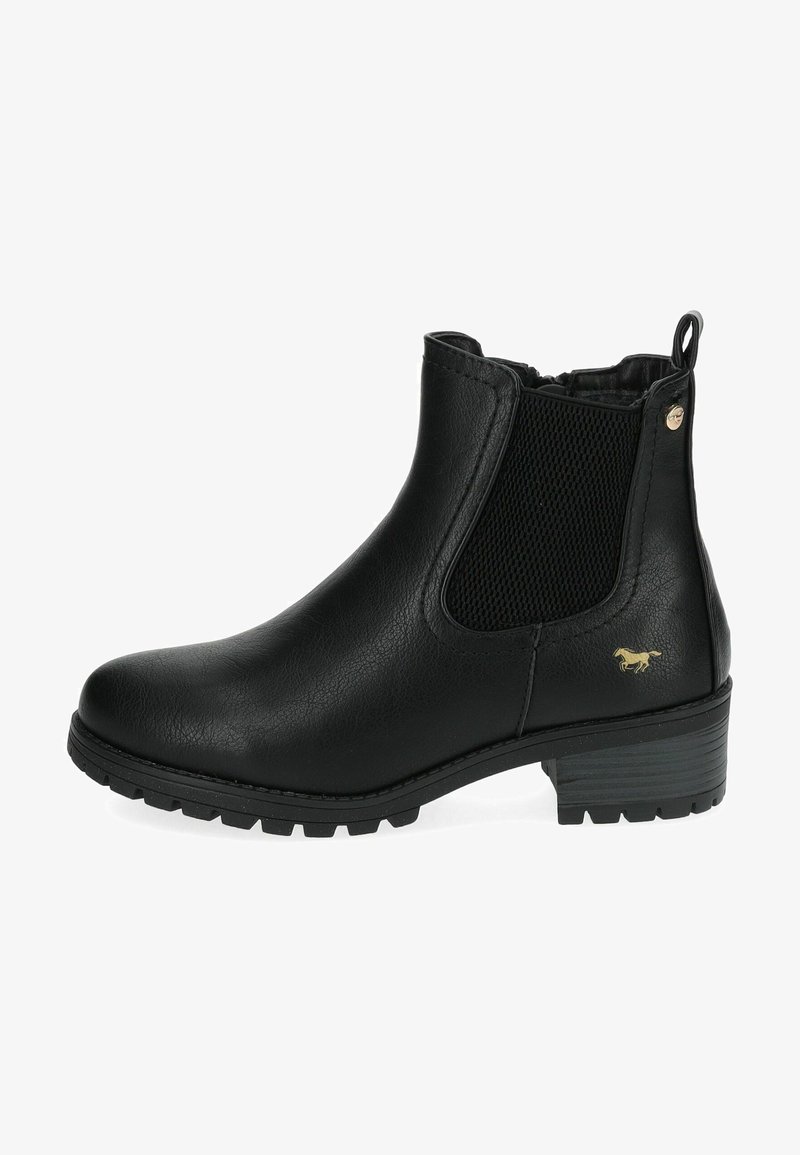 Botte de cheville en cuir noir avec des panneaux latéraux élastiques, surface texturée et un petit talon carré. Présente un petit logo doré sur le côté.