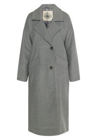 Grijze wolmix lange jas met een geknipt kraag, twee voorzakken en een enkele knoopsluiting, met een klassieke oversized pasvorm.