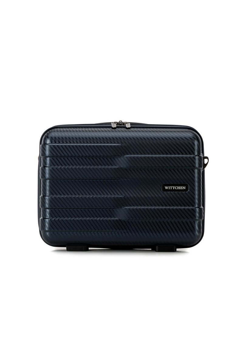 Custodia da viaggio rigida nera con superficie testurizzata, doppia cerniera, piccoli piedini e logo "WITTCHEN" sul fronte.