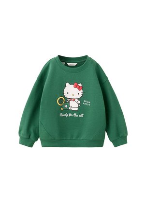 Sweat-shirt vert à manches longues avec Hello Kitty tenant une raquette de tennis et les textes "Ready for the set" et "Hello Kitty" sur le devant.