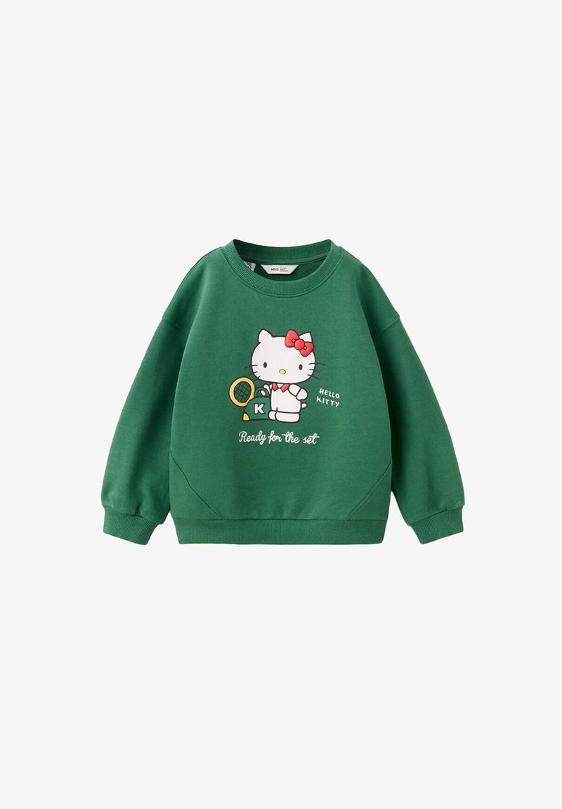Sweat-shirt vert à manches longues avec Hello Kitty tenant une raquette de tennis et les textes "Ready for the set" et "Hello Kitty" sur le devant.