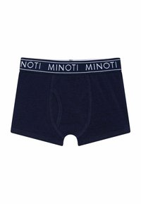 Boxer shorts en coton bleu marine avec une ceinture élastique blanche ornée du texte répétitif "MINOTI" et une coupe classique avec une poche avant.