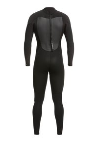 Zwarte wetsuit van flexibele neopreen, met een glad achterpaneel en rits, lange mouwen en lange benen. Geen patronen of accenten.