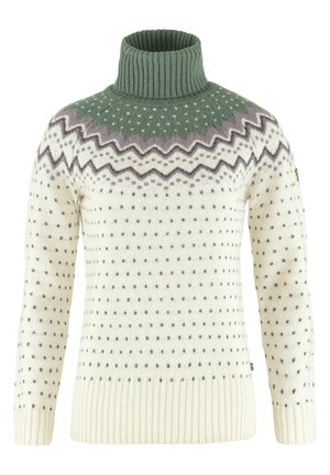 Cream-colored sweater with a high, ribbed green collar. Features geometric patterns in shades of green, purple, and dark grey. Textured knit.