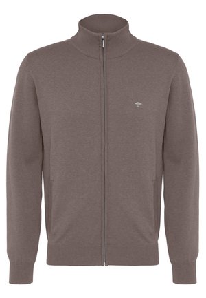 Grå glidelås cardigan med høy krage, ribbet nederkant og cuffs, to frontlommer, og en liten logo på venstre bryst.