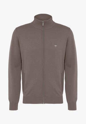 Sivý zipsový kardigán s vysokým golierom, rebrovým lemom a manžetami, dvoma prednými vreckami a malým logom na ľavom hrudi.