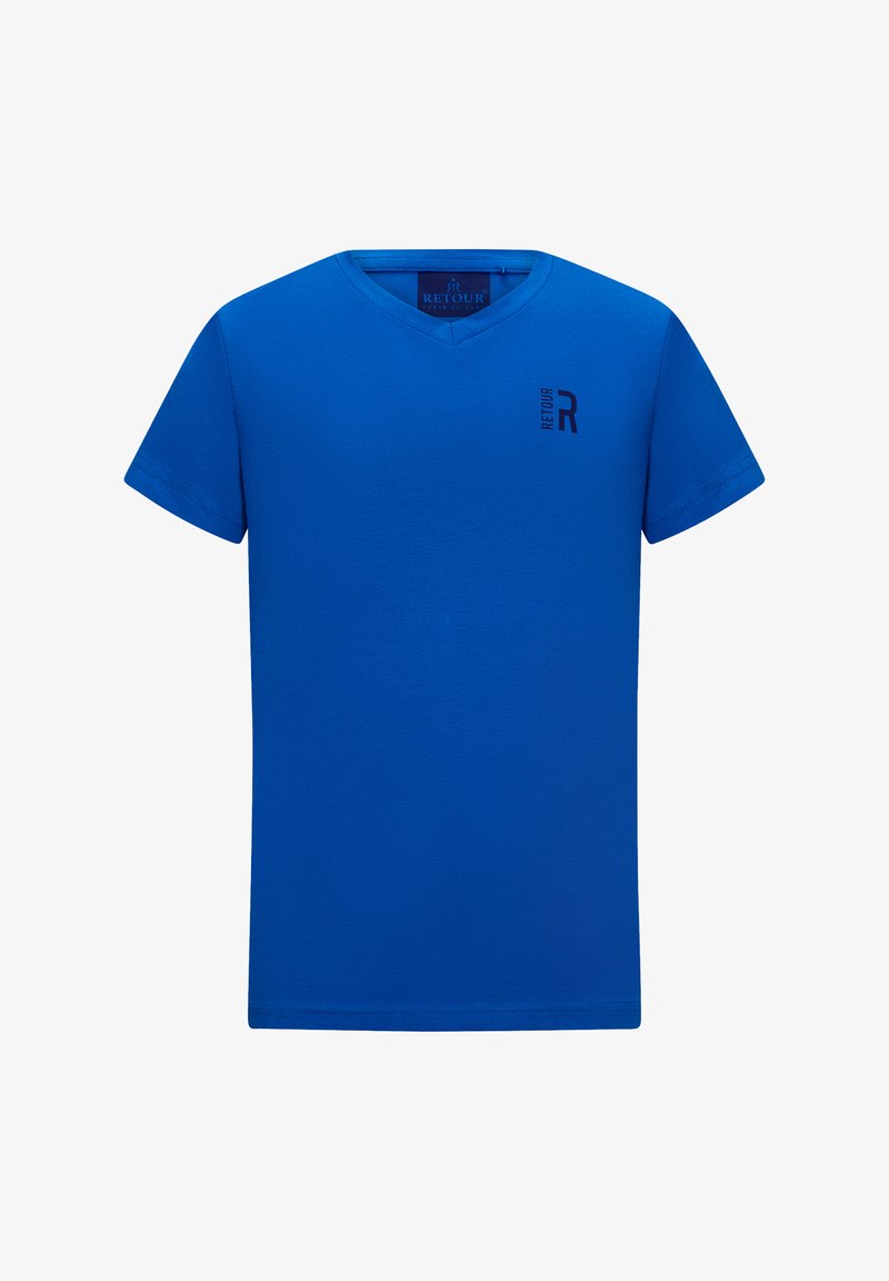 Niebieska koszulka z krótkim rękawem w serek, wykonana z gładkiego, lekkiego materiału. Posiada mały czarny nadruk logo na lewej piersi. Prosty wzór.