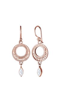 Ohrringe aus Roségold mit kreisförmigem, filigranem Design und einem darunter hängenden klaren, marquisenförmigen Edelstein unter jedem Ring.