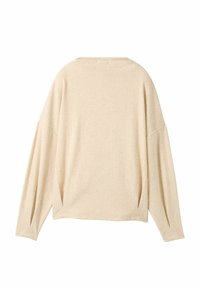 Beiges Langarmshirt mit lockerem Schnitt, weitem Ausschnitt, überschnittenen Schultern und Seitenschlitzen. Gefertigt aus weichem, strukturiertem Stoff.