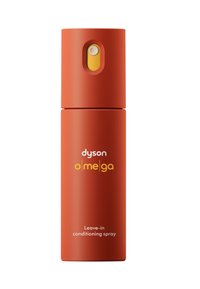 Spray condizionante leave-in Dyson Omega, contenitore cilindrico opaco arancione, ugello spray giallo, etichetta con testo bianco sul davanti.