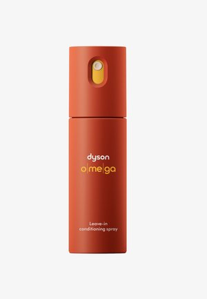 Spray condizionante leave-in Dyson Omega, contenitore cilindrico opaco arancione, ugello spray giallo, etichetta con testo bianco sul davanti.