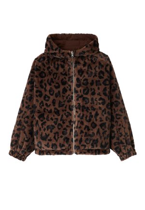 Veste en polaire à imprimé léopard marron avec fermeture éclair frontale, capuche et poignets élastiques. Texture douce et coupe décontractée, idéale pour un usage quotidien.