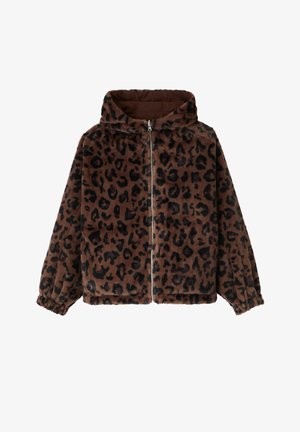 Veste en polaire à imprimé léopard marron avec fermeture éclair frontale, capuche et poignets élastiques. Texture douce et coupe décontractée, idéale pour un usage quotidien.