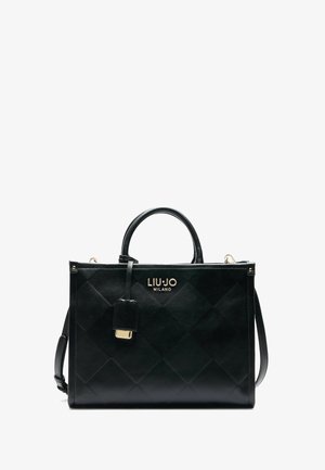 Black leather handbag with diamond quilted pattern, gold hardware, top handles, and a detachable strap. Features a logo plate and lock detail.