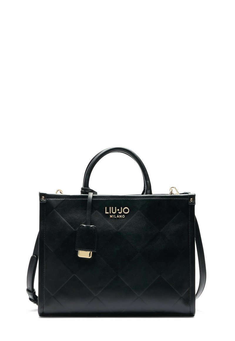 Borsa a mano in pelle nera con motivo a rombi, hardware dorato, manici superiori e tracolla removibile. Presenta una placca con logo e un dettaglio con lucchetto.