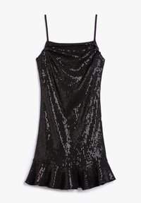 Robe noire à paillettes avec des bretelles spaghetti, décolleté drapé et ourlet évasé. Texture lisse avec des accents brillants. 