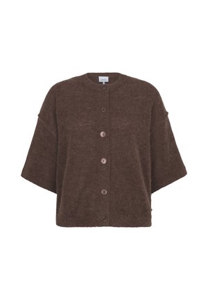 Brown fuzzy short-sleeve cardigan with round neckline and five buttons down the front, labeled "Dante6."