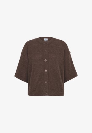 Cardigan brun à manches courtes en tissu pelucheux avec un col rond et cinq boutons sur le devant, étiqueté "Dante6".