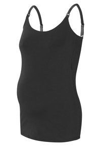 Svart graviditetstopp med justerbara band, elegant design, stretchy tyg och en figurnära form som rymmer en växande mage.