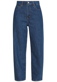 Blå högmidjade denimjeans med rak passform, fem fickor och guldtråd. Mjuk textur med en slät yta.