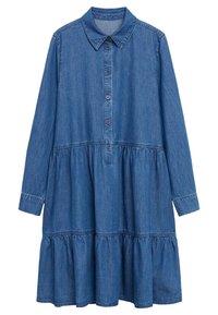 Robe longue en denim à manches longues avec col, patte de boutonnage à l'avant, taille froncée et ourlet de jupe à volants.