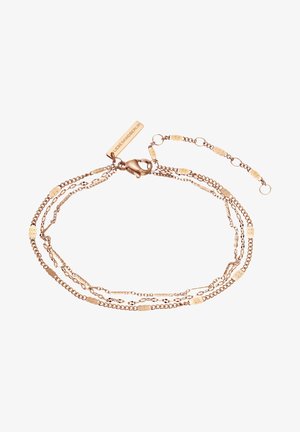 Bracelet en chaîne superposée en or rose, avec des maillons ovales texturés et un fermoir en forme de homard, doté d'une chaîne d'extension réglable et d'une étiquette logo.