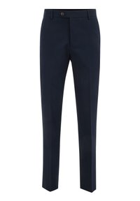 Pantaloni negri de ceremonie, cu front plat și croială dreaptă, închidere cu nasture și țesătură texturată subtilă. Potriviți pentru ocazii formale.
