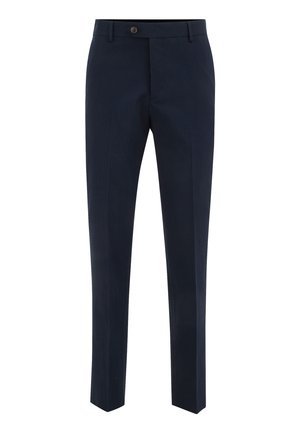 Navy blue dress pants with a flat front, straight leg design, button closure, and subtle textured fabric. Suitable for formal occasions.