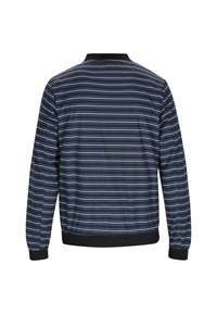 Blauw-wit gestreept jack met een zwarte kraag en manchetten. De stof lijkt glad met elastische zoom en lange mouwen.