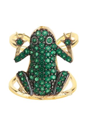 Arany gyűrű békás díszítéssel, testét és végtagjait apró, kerek, zöld drágakövek borítják.