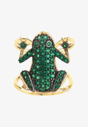 Gold ring featuring a frog design encrusted with small round green gemstones covering its body and limbs.