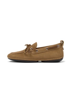 Brown suede moccasin-style shoe with a low profile, lace detailing, and embroidered stitching, displayed against a white background.